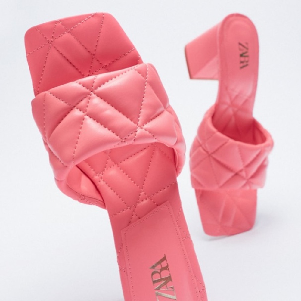Zara New Bright Pink Quilted Heeled Squared Toe Mules Shoes, size 11, nwt - Picture 5 of 6